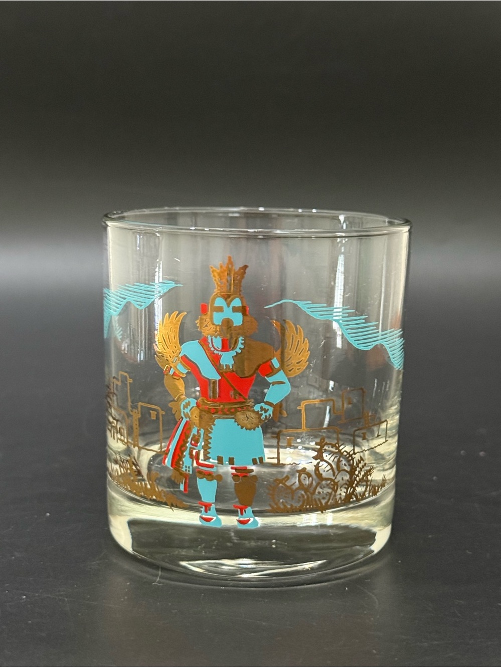 Vintage COUROC Of Monterey Hopi Kachina 22K Gold Gilt Lowball Glass